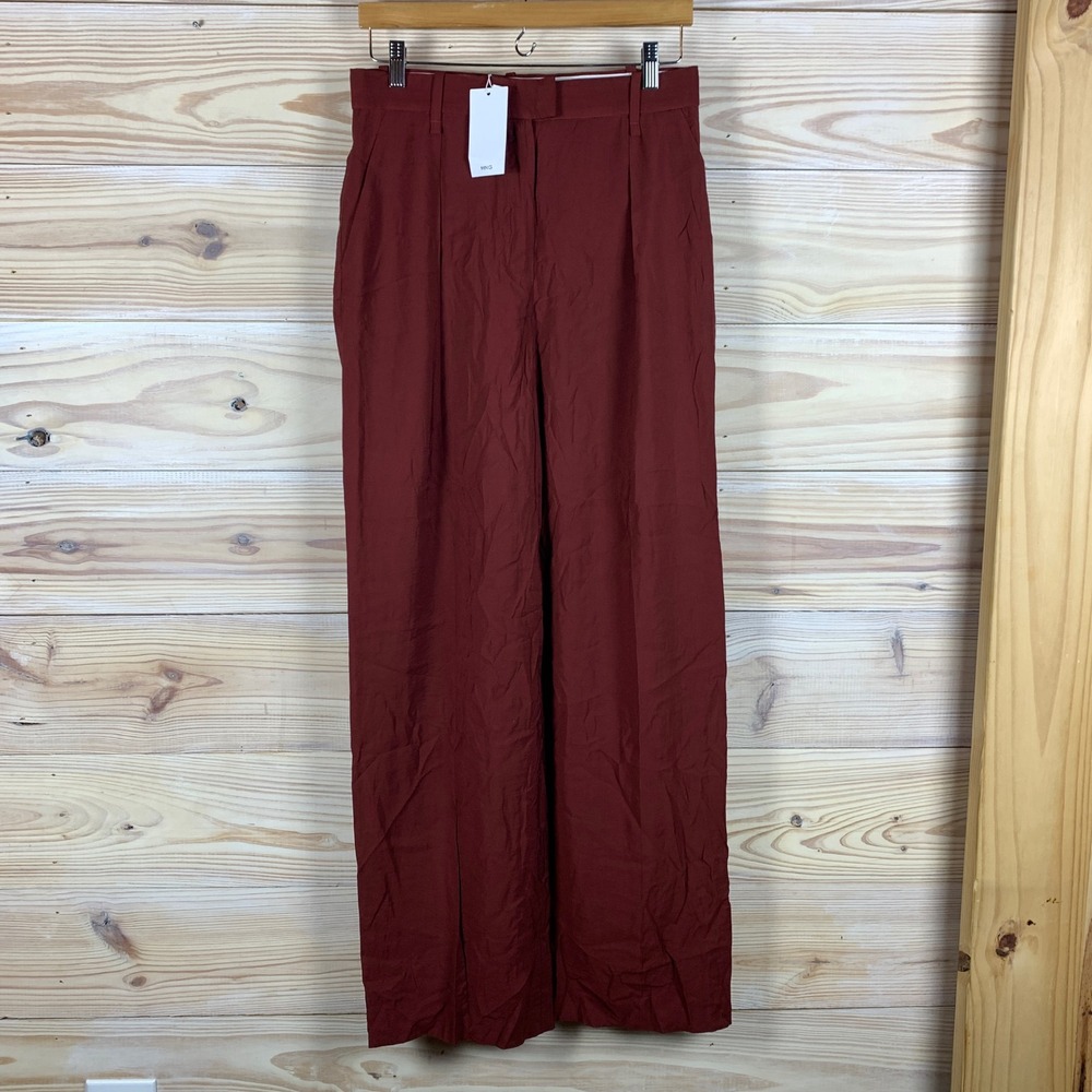 Mango Trousers Women 4 Red Wide Leg Pleated High Rise Rust Pantalon Trousers